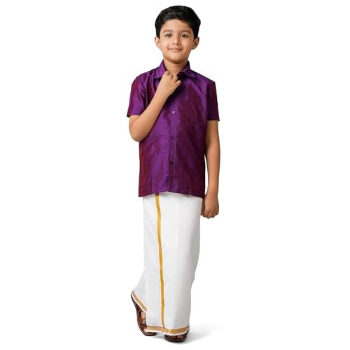 RAMRAJ COTTON رامراج كوتون قميص حريري قطني للأولاد مع دهوطي أبيض قابل للتعديل (Violet_1;13-14 Years) - Image 1