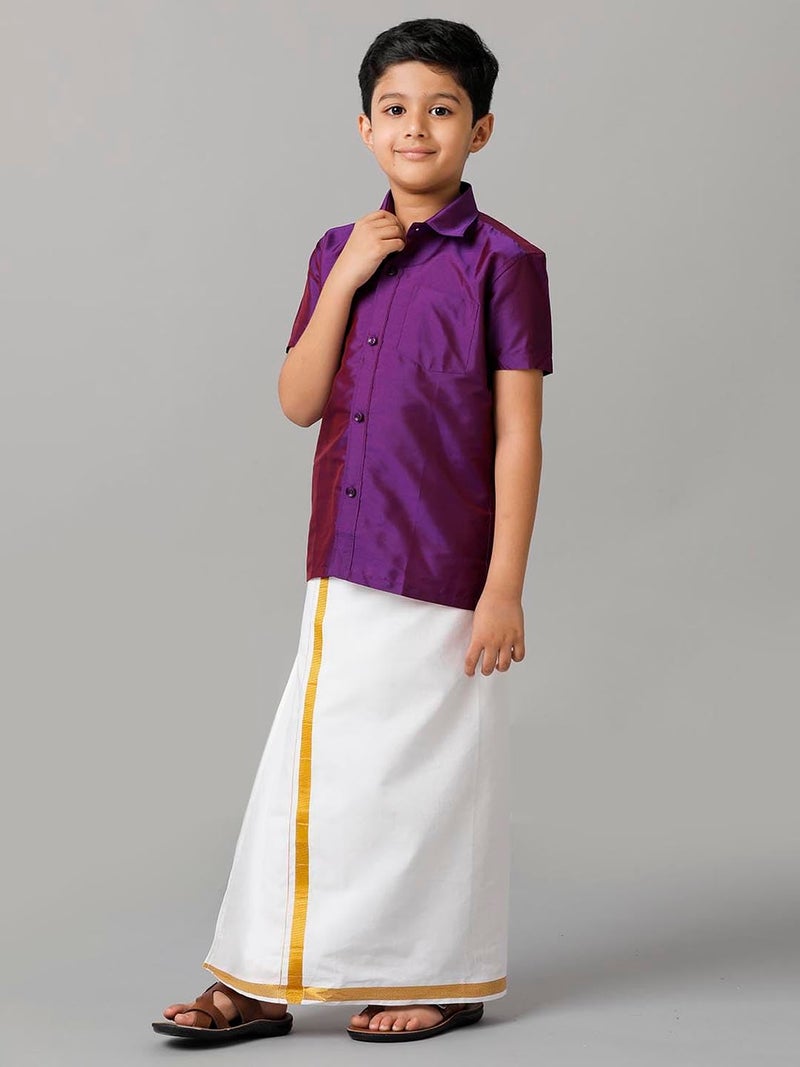 RAMRAJ COTTON رامراج كوتون قميص حريري قطني للأولاد مع دهوطي أبيض قابل للتعديل (Violet_1;13-14 Years) - Image 3