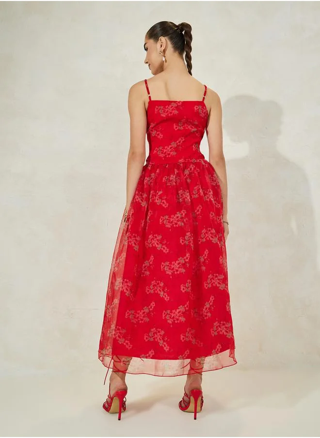 Styli Floral Print Strappy A-Line Maxi Dress