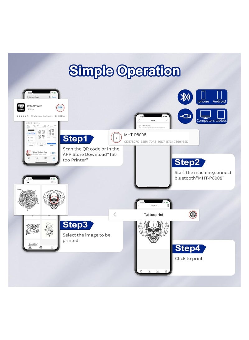 Zikra Tattoo Stencil Printer Bluetooth Tattoo Printerm, Portable Printers, 2500mAh Stencil Printer for Tattooing, Compatible with iOS,Android Phone, Pad, Laptop, Wireless Thermal Transfer Printe - Image 3