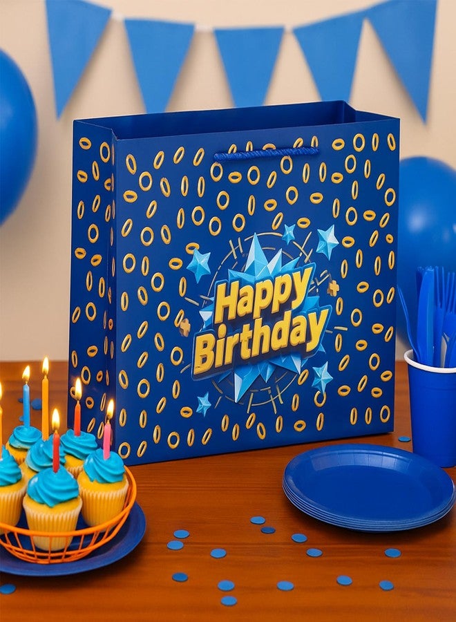 Pandecor Happy 13" Blue with Gold Ring Print Themed Gift Bag with Card and Tissue Paper for Blue Golden Ring Star Birthday Supplies - Image 3