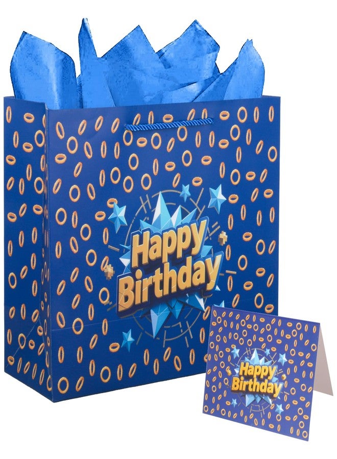 Pandecor Happy 13" Blue with Gold Ring Print Themed Gift Bag with Card and Tissue Paper for Blue Golden Ring Star Birthday Supplies - Image 1