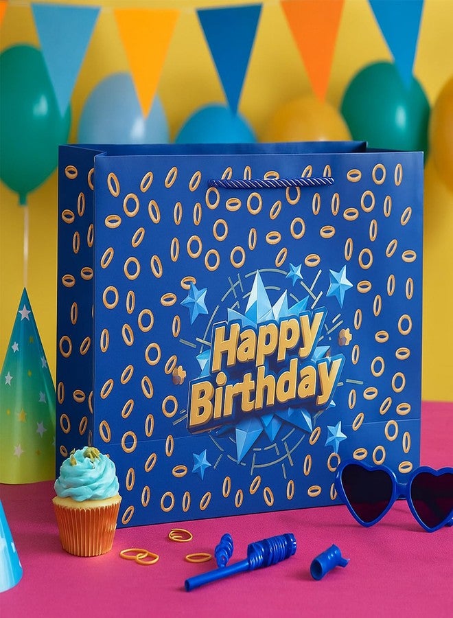 Pandecor Happy 13" Blue with Gold Ring Print Themed Gift Bag with Card and Tissue Paper for Blue Golden Ring Star Birthday Supplies - Image 2