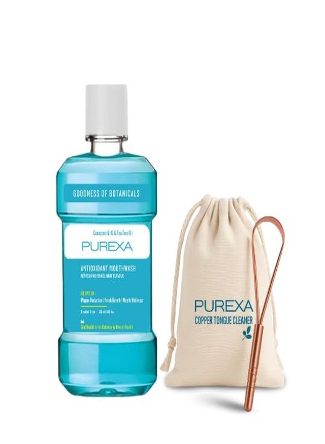 PUREXA غسول الفم بنكهة الشمر والنعناع من بيوريكسا 250 مل + منظف اللسان النحاسي على شكل حرف Q | غسول فم عشبي خالٍ من الكحول ومكشطة لسان مضادة للميكروبات | انتعاش طبيعي ونظافة فم يومية - Image 1