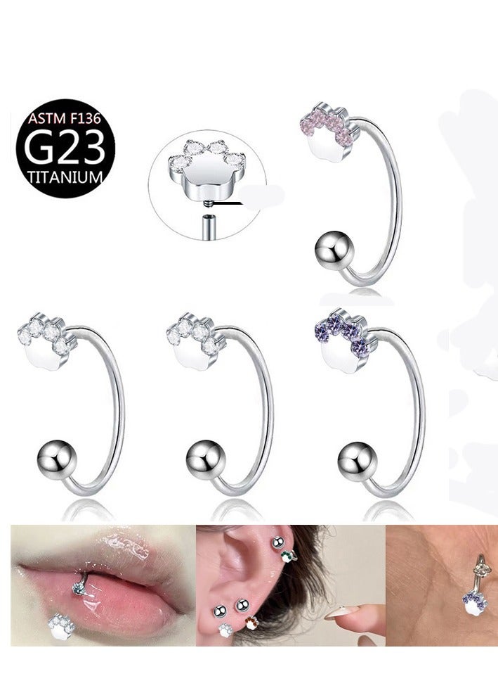 إينوشا مجموعة مجوهرات التيتانيوم المقاوم للحساسية: خاتم أنف و أقراط و خاتم شفاه على شكل حذوة فرس و كف القط المرصع بالماس - Image 4