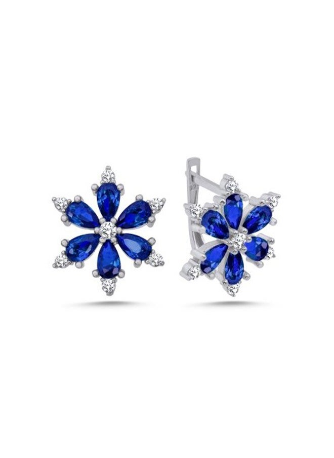 EMNON - 925 Sterling Silver Jewelry Rhodium Plated Lotus Flower Sapphire CZ Latch Back Earrings 100% Precious Metal Gift for Women- Emnon24EA - Image 1