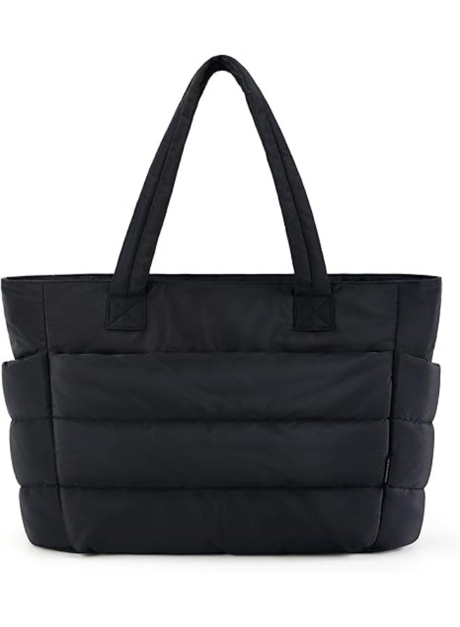 رات سو حقيبة توت نسائية خفيفة الوزن ومبطنة مع جيوب داخلية، حقيبة كتف مطرزة بتصميم مُحاك للسفر والعمل - Image 1