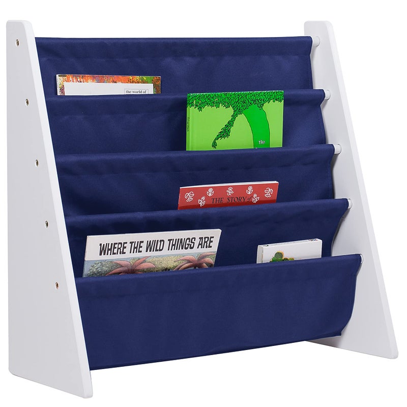 Wildkin Kids Premium Canvas Sling Bookshelf for Boys  Girls Wooden Design Features Four Fabric Shelves Keep Bedrooms Playrooms  Classrooms Organized Measures 25 x 24 x 11 Inches White wBlue