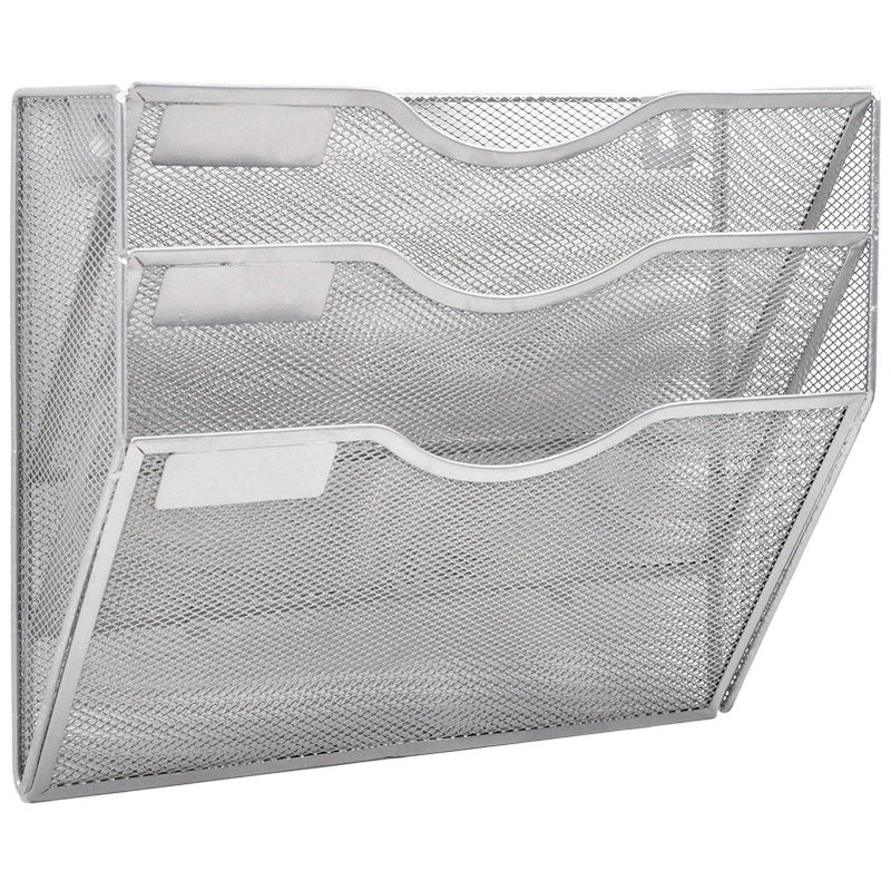 EASEPRES 3 Pocket Mesh Hanging Wall File Organizer, Wall Mounted Mail Paper Document Folder Holder, Clipboard Storage Organization Magazine Rack with Nametag Label for Office Home School, Silver - Image 1