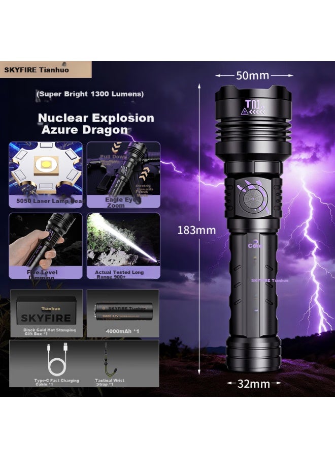 Tianhuo Canglong High-power Rechargeable Outdoor Flashlight Super Bright Zoomable Long-range Survival Large Capacity Mountaineering Special