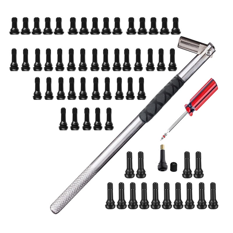 مجموعة سحب صمامات الإطارات DrRoc 1 × مثبت صمام 60 × صمامات إطارات نحاسية مقاومة للأوزون EPDM مع صمام أساسي 15 × TR412 30 × TR413 15 × TR414 1 × مزيل صمام أساسي