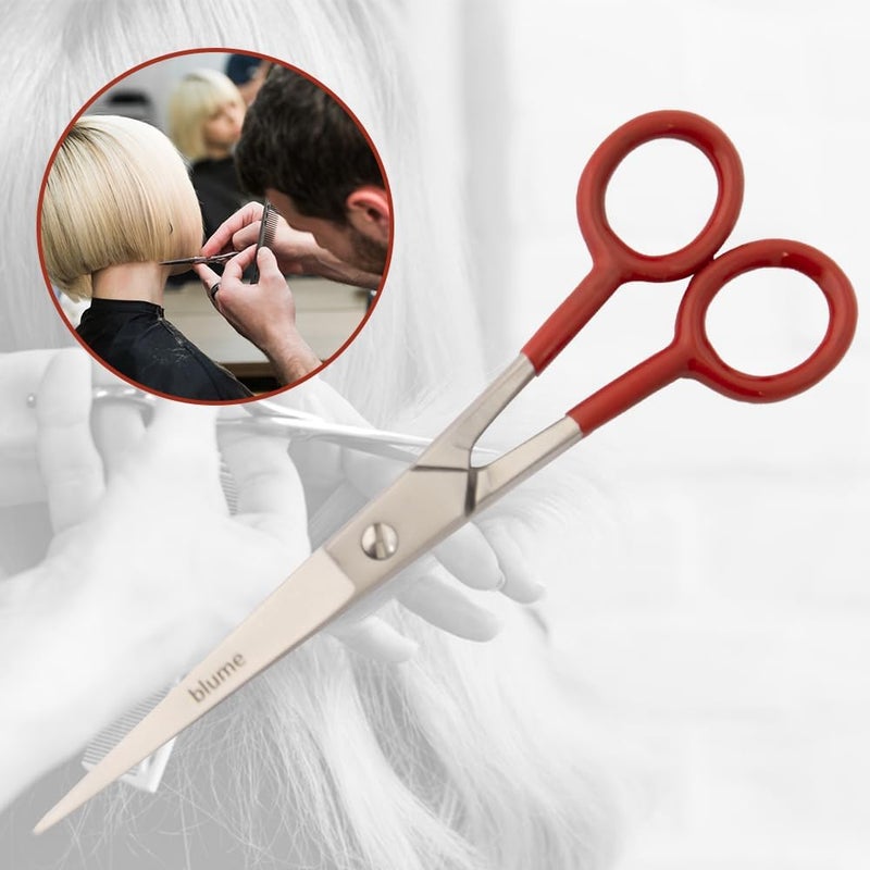 بلومي مقصات Blume من الفولاذ المقاوم للصدأ، مناسبة لقص الشعر للرجال والنساء والأطفال؛ مزودة بمقبض من البولي فينيل كلوريد (PVC) بلون أحمر. - Image 2