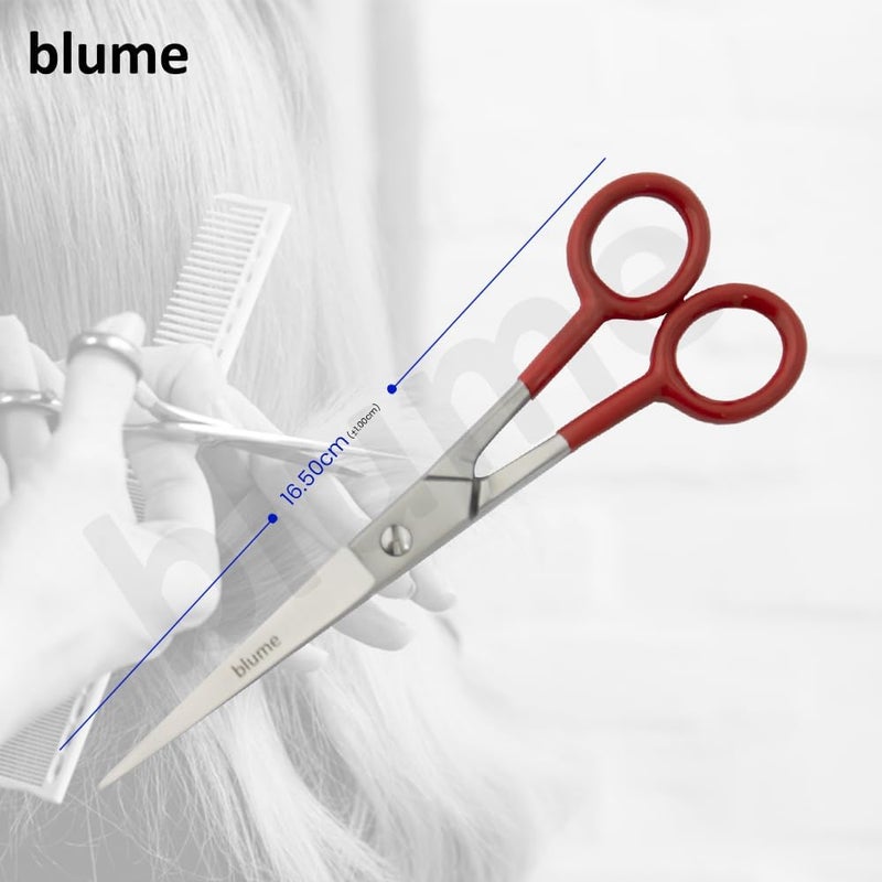 بلومي مقصات Blume من الفولاذ المقاوم للصدأ، مناسبة لقص الشعر للرجال والنساء والأطفال؛ مزودة بمقبض من البولي فينيل كلوريد (PVC) بلون أحمر. - Image 3