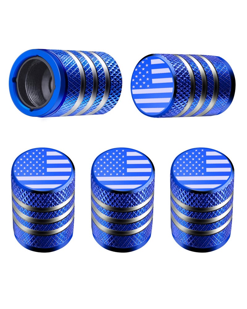 Tire Valve Stem Cap Cover - (5 Pack) Tire Air Cap Metal with Plastic Liner Corrosion Resistant Leak-Proof American Flag for Car Truck Motorcycle Bike Blue