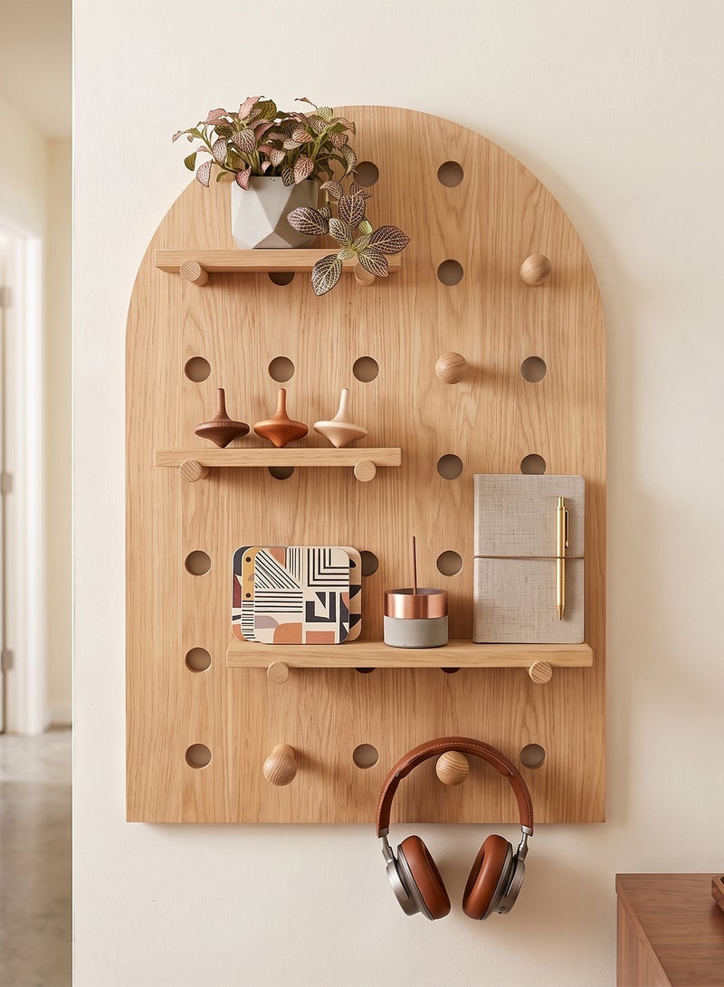 Taimi Arc-Shaped Solid Wood Wall Organizer 40x60cm - Pegboard Wall Storage with Adjustable Wooden Shelves and Hooks, Wall Organizer for Entryway, Bedroom and Office - Wood Color - Image 3