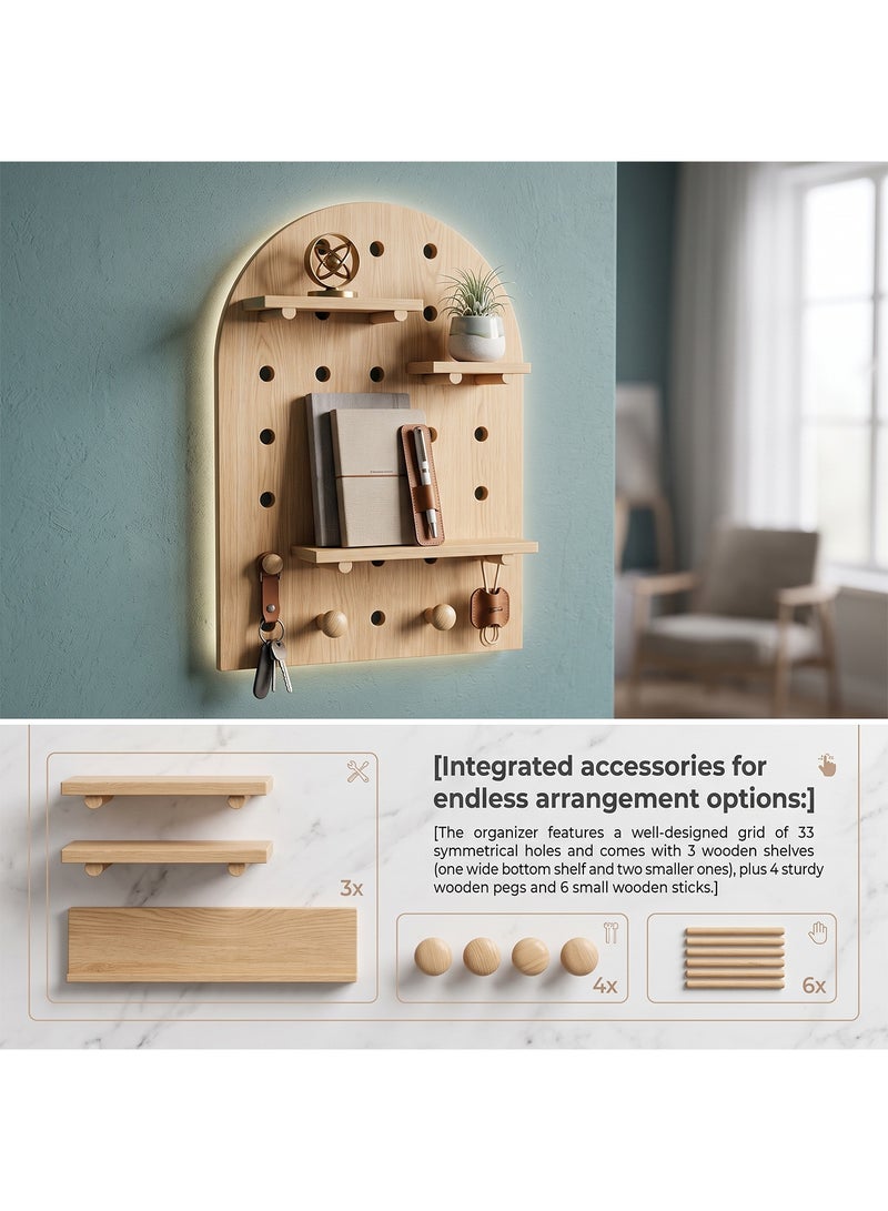 Taimi Arc-Shaped Solid Wood Wall Organizer 40x60cm - Pegboard Wall Storage with Adjustable Wooden Shelves and Hooks, Wall Organizer for Entryway, Bedroom and Office - Wood Color - Image 5