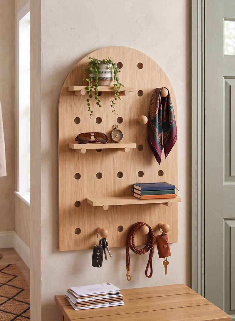 Taimi Arc-Shaped Solid Wood Wall Organizer 40x60cm - Pegboard Wall Storage with Adjustable Wooden Shelves and Hooks, Wall Organizer for Entryway, Bedroom and Office - Wood Color - Image 1