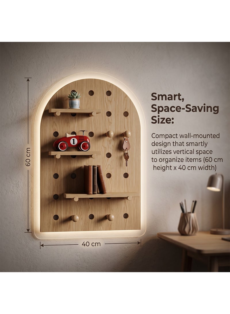 Taimi Arc-Shaped Solid Wood Wall Organizer 40x60cm - Pegboard Wall Storage with Adjustable Wooden Shelves and Hooks, Wall Organizer for Entryway, Bedroom and Office - Wood Color - Image 4