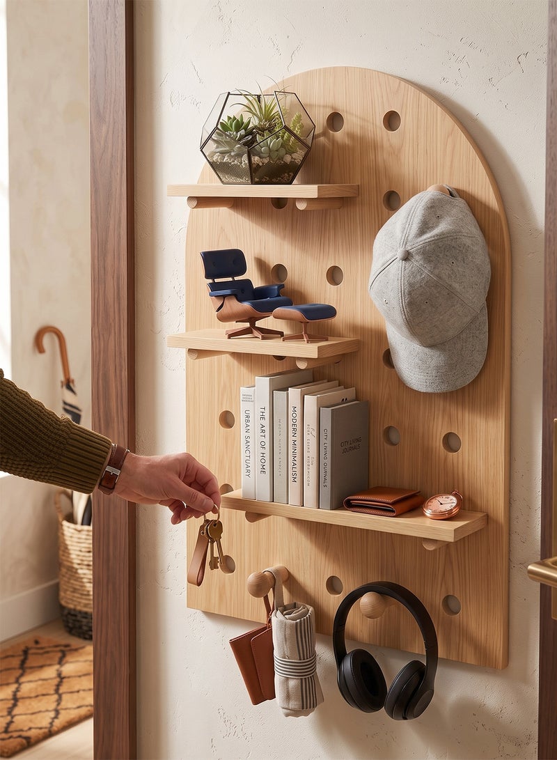 Taimi Arc-Shaped Solid Wood Wall Organizer 40x60cm - Pegboard Wall Storage with Adjustable Wooden Shelves and Hooks, Wall Organizer for Entryway, Bedroom and Office - Wood Color - Image 2