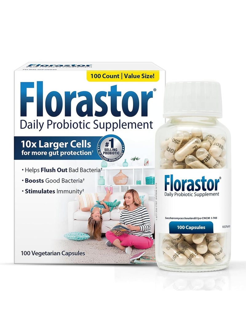 Florastor Probiotics for Digestive and Immune Health, 100 Capsules, Probiotics for Women & Men, Helps Flush Out Bad Bacteria, Boosts The Good with Our Unique Strain Saccharomyces Boulardii - Image 1