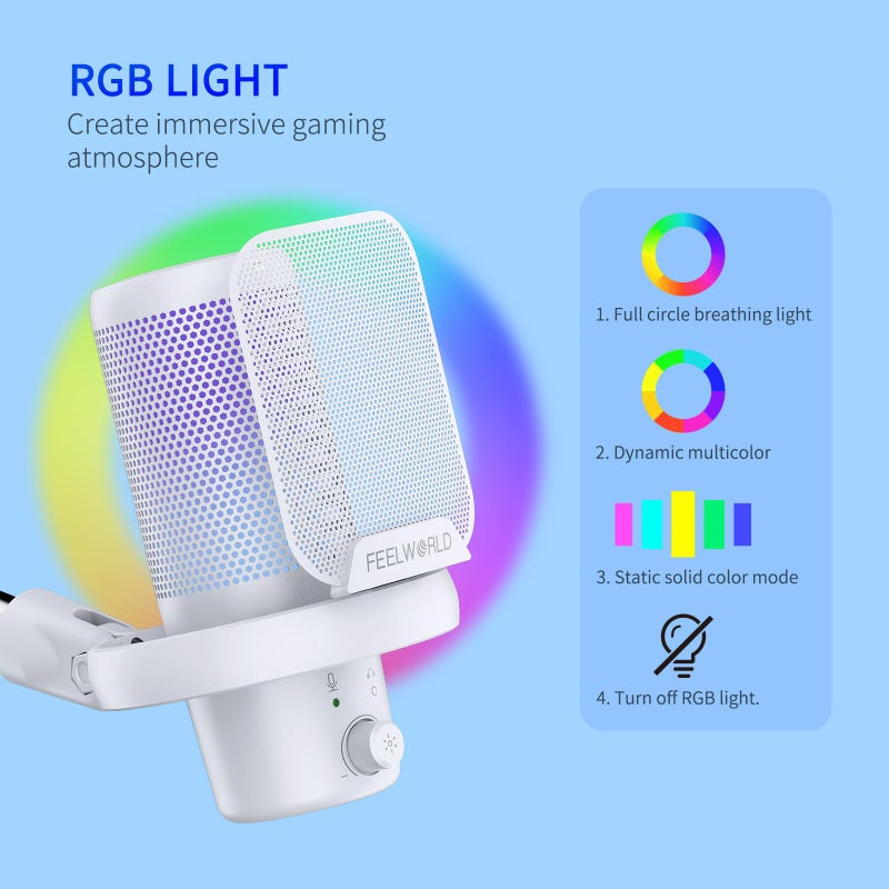 Feelworld ميكروفون USB مكثف FEELWORLD VM1 للألعاب باللون الأبيض مع إلغاء الضوضاء وإضاءة RGB، هدايا ملحقات الكمبيوتر للاعبين، يوتيوب، تويتش، بث البودكاست، تسجيل المحادثات عبر الإنترنت، PS4، PS5 - Image 4