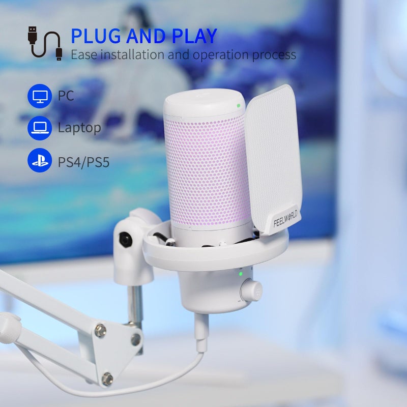 Feelworld ميكروفون USB مكثف FEELWORLD VM1 للألعاب باللون الأبيض مع إلغاء الضوضاء وإضاءة RGB، هدايا ملحقات الكمبيوتر للاعبين، يوتيوب، تويتش، بث البودكاست، تسجيل المحادثات عبر الإنترنت، PS4، PS5 - Image 5