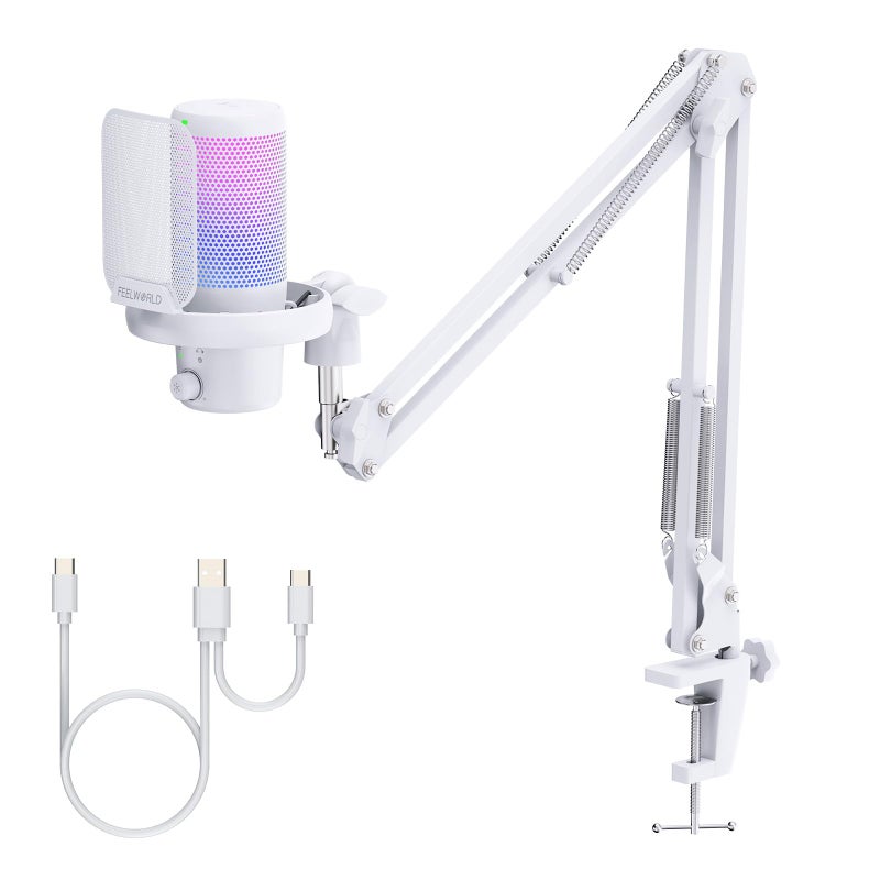 Feelworld ميكروفون USB مكثف FEELWORLD VM1 للألعاب باللون الأبيض مع إلغاء الضوضاء وإضاءة RGB، هدايا ملحقات الكمبيوتر للاعبين، يوتيوب، تويتش، بث البودكاست، تسجيل المحادثات عبر الإنترنت، PS4، PS5 - Image 1