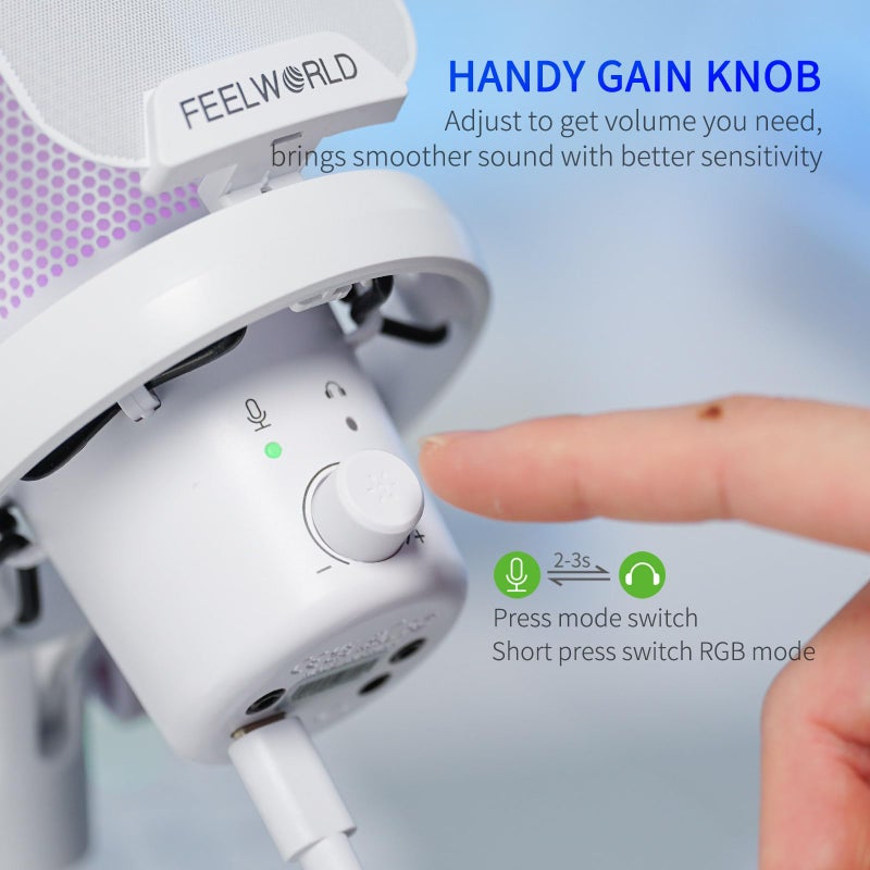 Feelworld ميكروفون USB مكثف FEELWORLD VM1 للألعاب باللون الأبيض مع إلغاء الضوضاء وإضاءة RGB، هدايا ملحقات الكمبيوتر للاعبين، يوتيوب، تويتش، بث البودكاست، تسجيل المحادثات عبر الإنترنت، PS4، PS5 - Image 3