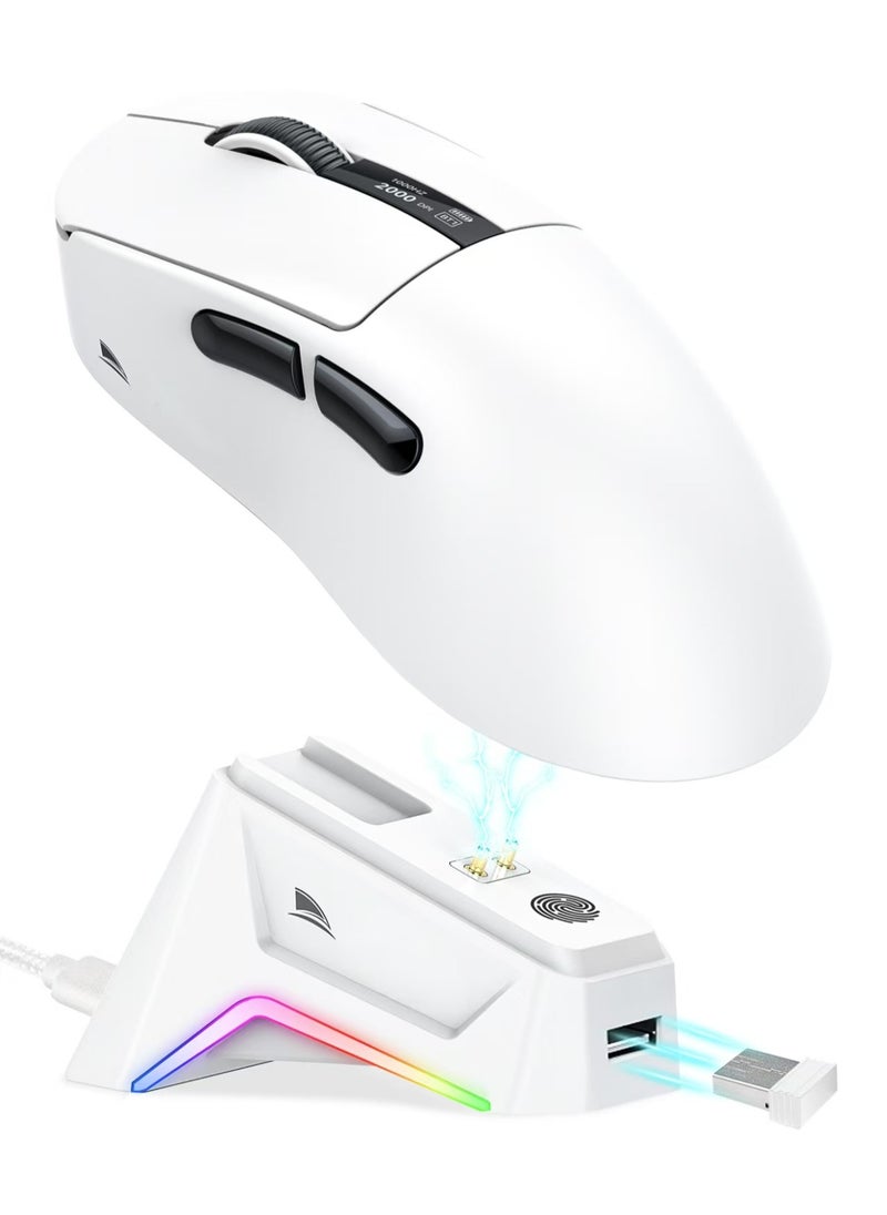 M6 Wireless Gaming Mouse,Tri-Mode-2.4G/USB-C Wired/Bluetooth,with RGB Fingerprint Adjustable Lighting Effect Charging Dock,Integrated Digital Display 12K DPI,PAW3311 Optical Sensor,HUANO Switch,5 programmable Buttons for PC/Mac(White)
