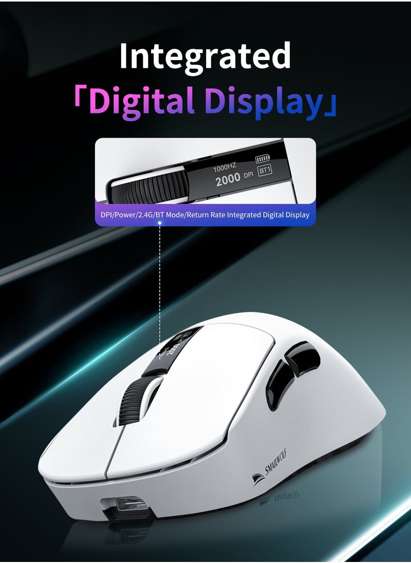 M6 Wireless Gaming Mouse,Tri-Mode-2.4G/USB-C Wired/Bluetooth,with RGB Fingerprint Adjustable Lighting Effect Charging Dock,Integrated Digital Display 12K DPI,PAW3311 Optical Sensor,HUANO Switch,5 programmable Buttons for PC/Mac(White)