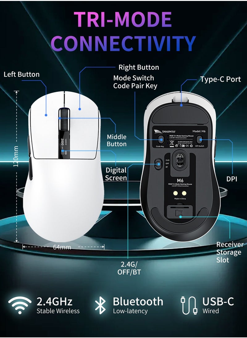 M6 Wireless Gaming Mouse,Tri-Mode-2.4G/USB-C Wired/Bluetooth,with RGB Fingerprint Adjustable Lighting Effect Charging Dock,Integrated Digital Display 12K DPI,PAW3311 Optical Sensor,HUANO Switch,5 programmable Buttons for PC/Mac(White)