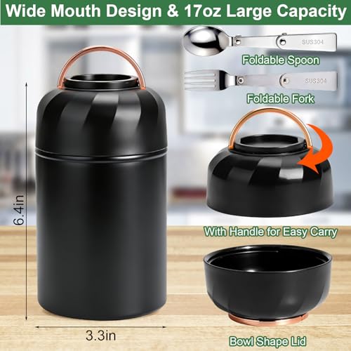 Juome Thermo for Hot Food, 18oz Soup Thermo Lunch Box for Adults, Insulated Vacuum Food Jar Container with Spoon&Fork, Leak Proof Stainless Steel Wide Mouth Thermo for Hot & Cold Foods, Drinks (Black) - Image 2