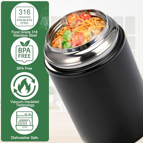 Juome Thermo for Hot Food, 18oz Soup Thermo Lunch Box for Adults, Insulated Vacuum Food Jar Container with Spoon&Fork, Leak Proof Stainless Steel Wide Mouth Thermo for Hot & Cold Foods, Drinks (Black) - Image 4
