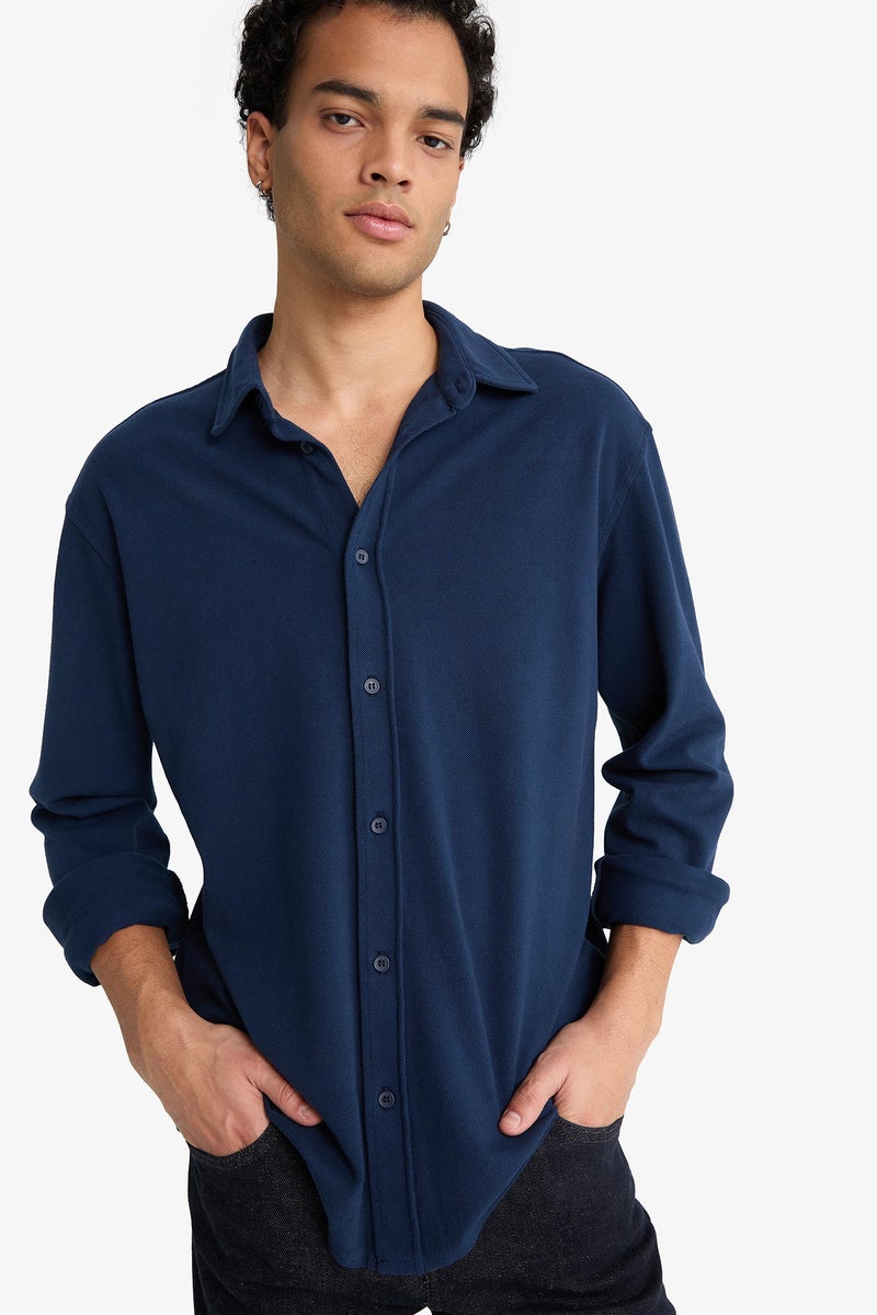 DeFacto Blue Man Regular Fit Cotton Long Sleeve Shirt Casual - Image 3