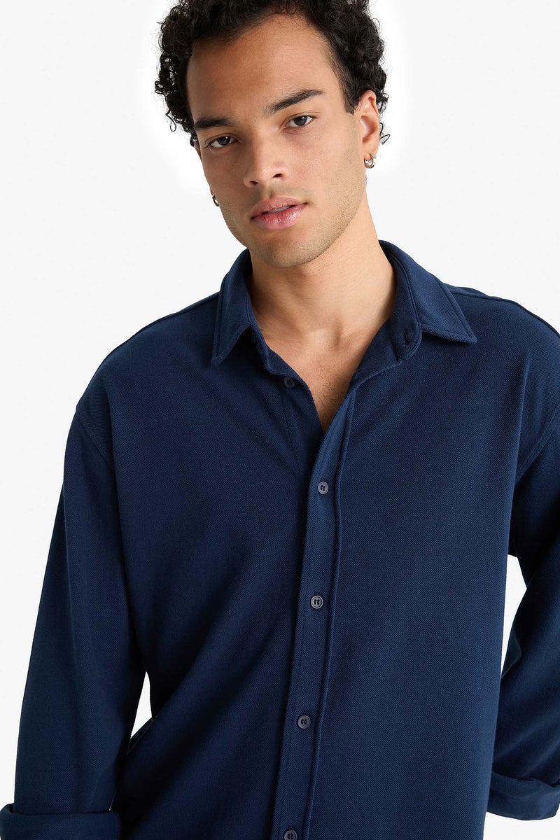 DeFacto Blue Man Regular Fit Cotton Long Sleeve Shirt Casual - Image 4