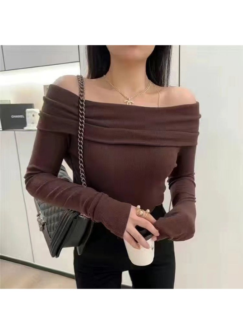 Generic - Pink Off-Shoulder Knit Top Slim Autumn Tee Brown - Image 1