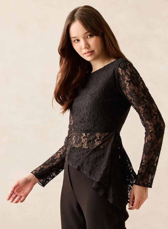 OUTZIDR Black Long Sleeve Fitted Lace Top