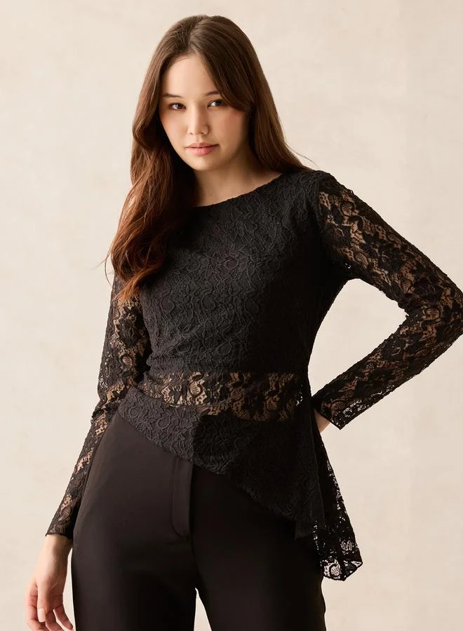 OUTZIDR Black Long Sleeve Fitted Lace Top