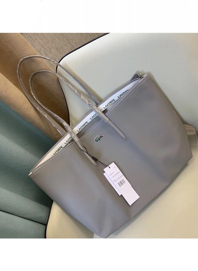 Lacoste Women's Concept Fashion Versatile Large Capacity Zipper Handbag Tote Bag Shoulder Bag Large Size Linen grey