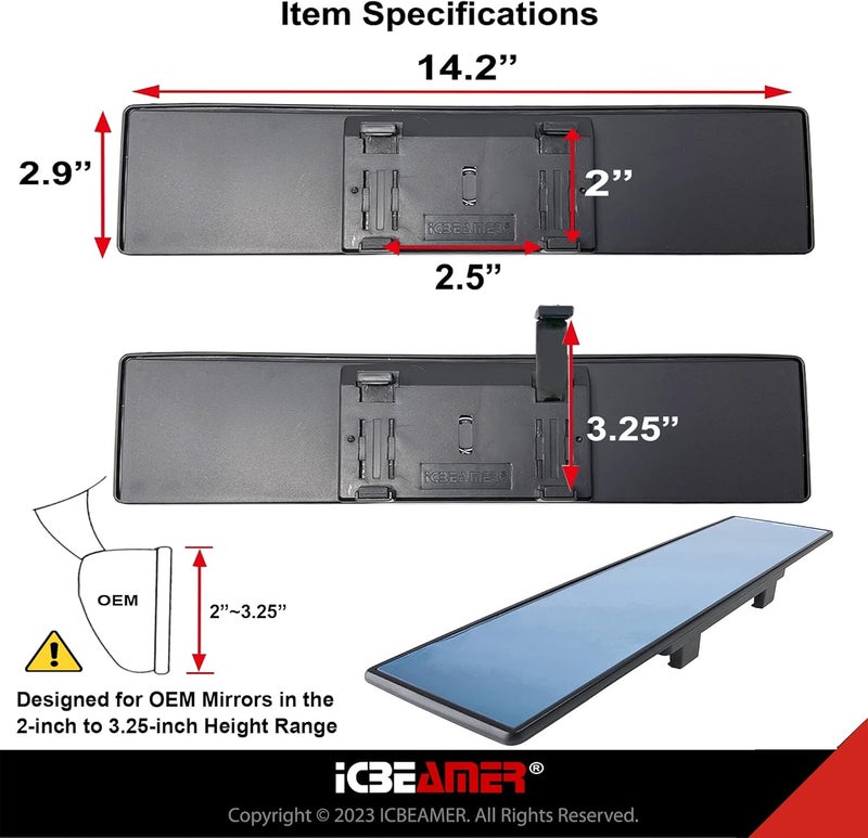 ICBEAMER 14.2" Car Rear View Mirror, HD Blue Tint, Panoramic Wide Angle Flat Surface, 2 Interior Retractable Rubber Clips, Anti Glare, Automotive Accessories Universal for Truck, Car, SUV, 1 Pack Solid anti-deform - Image 5