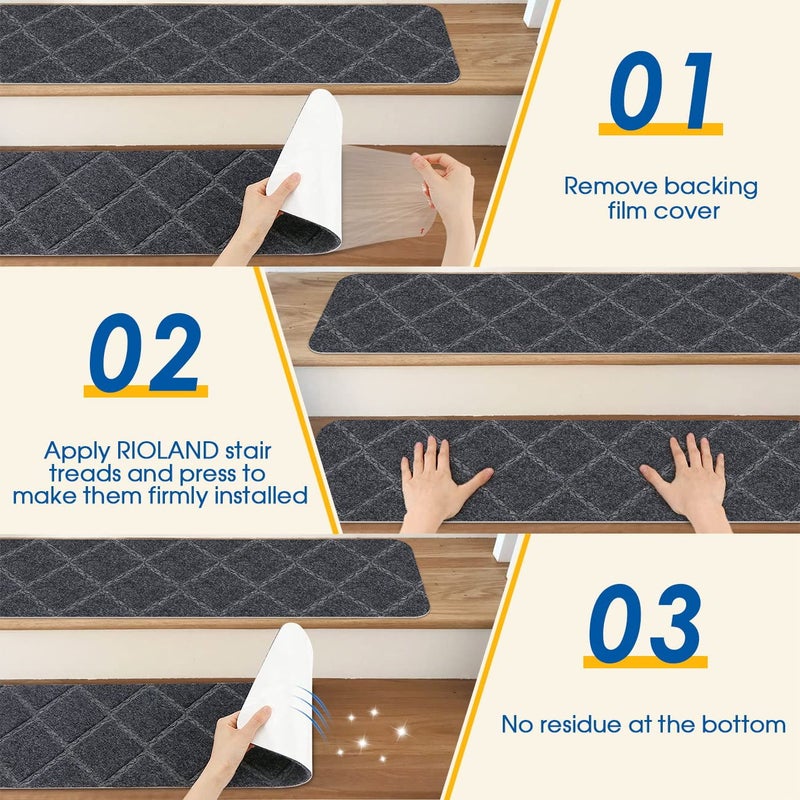 RIOLAND Stair Treads Carpet Non-Slip Indoor 15 PCS Wood Stair Treads Rugs Anti Moving Modern Stair Runners Safety for Kids Dogs, 8" X 30", Diamond Gray - Image 4