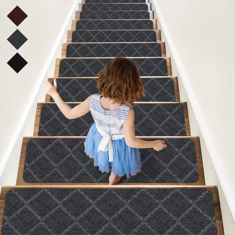 RIOLAND Stair Treads Carpet Non-Slip Indoor 15 PCS Wood Stair Treads Rugs Anti Moving Modern Stair Runners Safety for Kids Dogs, 8" X 30", Diamond Gray - Image 1