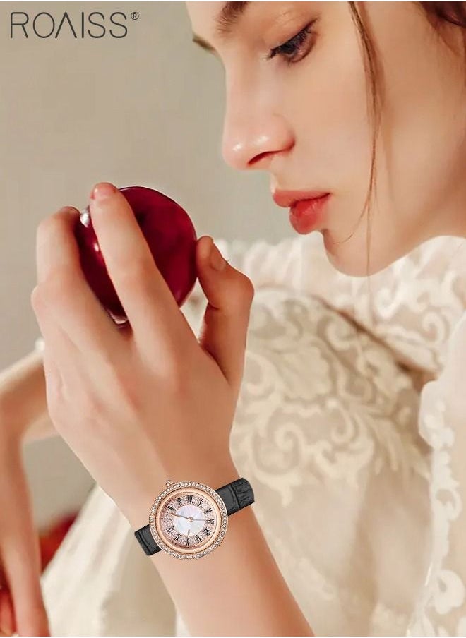 roaiss - Women's Leather Strap Quartz Watch, Analog Display Round Gold Dial Watch with Rhinestones Decoration, Waterproof Watch as Gift for Women - Image 1