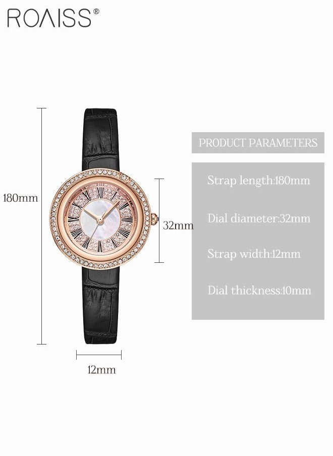 roaiss - Women's Leather Strap Quartz Watch, Analog Display Round Gold Dial Watch with Rhinestones Decoration, Waterproof Watch as Gift for Women - Image 1