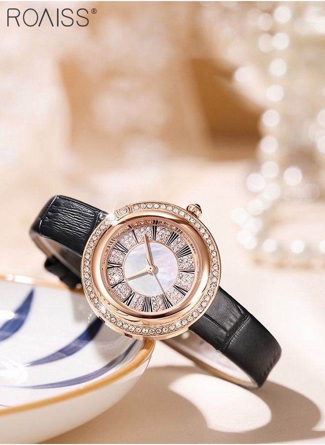 roaiss - Women's Leather Strap Quartz Watch, Analog Display Round Gold Dial Watch with Rhinestones Decoration, Waterproof Watch as Gift for Women - Image 1