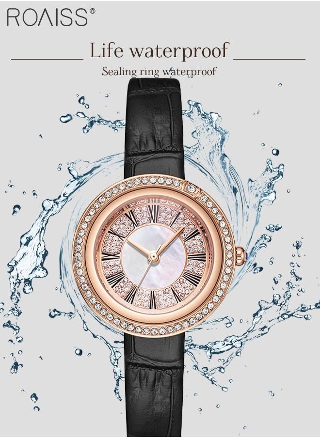 roaiss - Women's Leather Strap Quartz Watch, Analog Display Round Gold Dial Watch with Rhinestones Decoration, Waterproof Watch as Gift for Women - Image 1