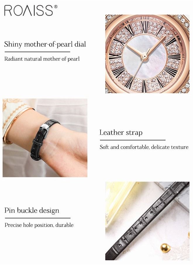 roaiss - Women's Leather Strap Quartz Watch, Analog Display Round Gold Dial Watch with Rhinestones Decoration, Waterproof Watch as Gift for Women - Image 1