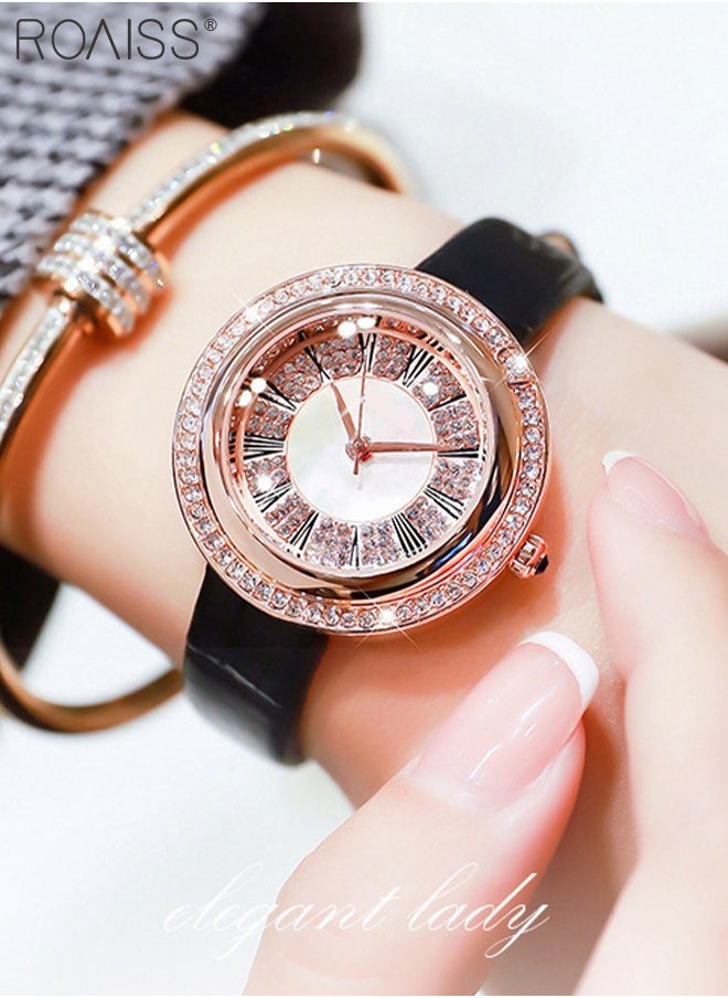 roaiss - Women's Leather Strap Quartz Watch, Analog Display Round Gold Dial Watch with Rhinestones Decoration, Waterproof Watch as Gift for Women - Image 1
