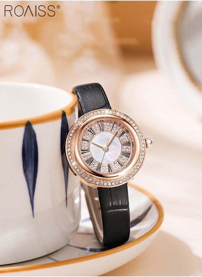 roaiss - Women's Leather Strap Quartz Watch, Analog Display Round Gold Dial Watch with Rhinestones Decoration, Waterproof Watch as Gift for Women - Image 1