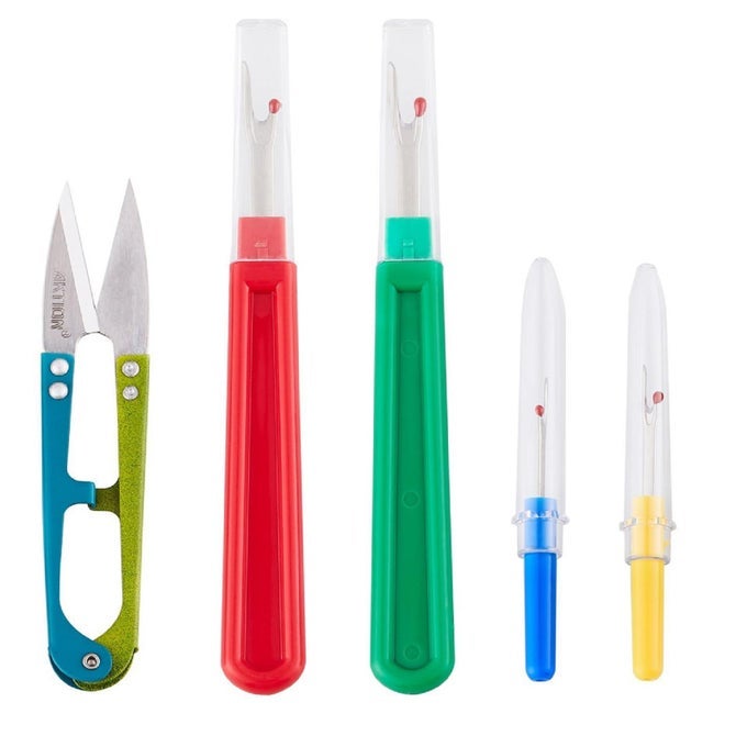 5 PIECES COLORFUL SEAM RIPPER ASSORTMENT THREAD REMOVER KIT 2 BIG AND 2 SMALL HANDY STITCH SEWING TOOLS WITH 1 SCISSORS FOR REMOVING UNWANTED HEMS AND SEAMS